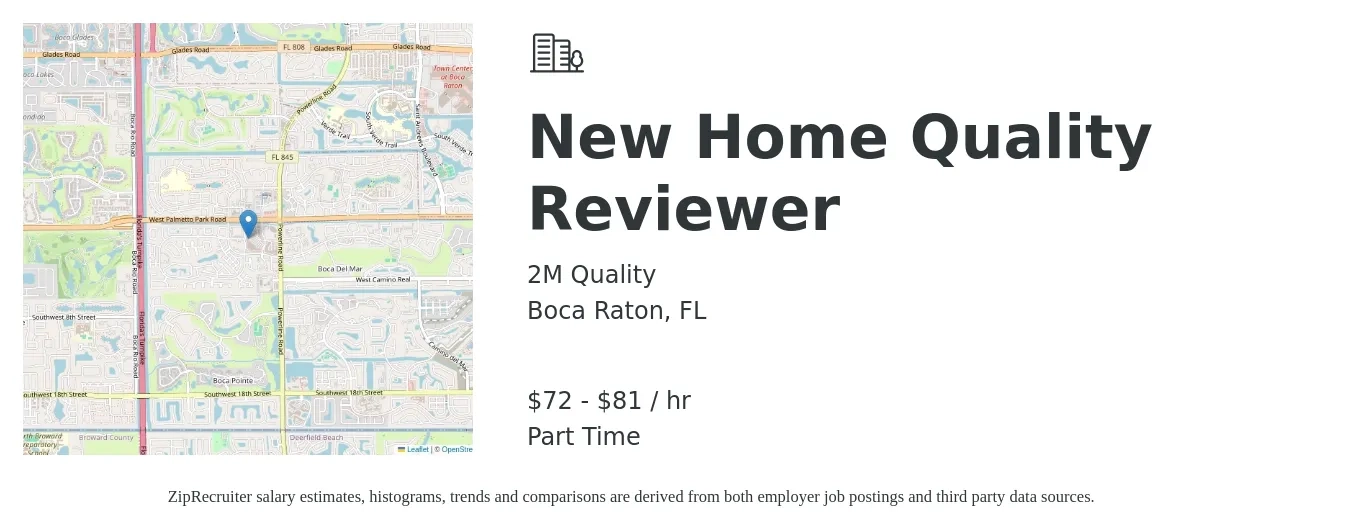 2M Quality job posting for a New Home Quality Reviewer in Boca Raton, FL with a salary of $75 to $85 Hourly with a map of Boca Raton location.