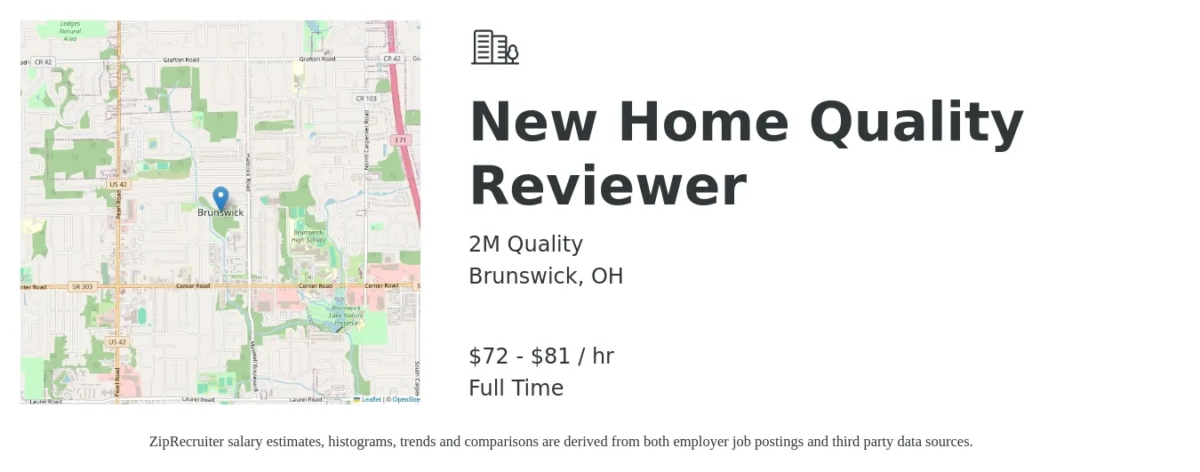 2M Quality job posting for a New Home Quality Reviewer in Brunswick, OH with a salary of $75 to $85 Hourly with a map of Brunswick location.