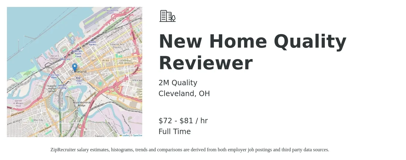 2M Quality job posting for a New Home Quality Reviewer in Cleveland, OH with a salary of $75 to $85 Hourly with a map of Cleveland location.