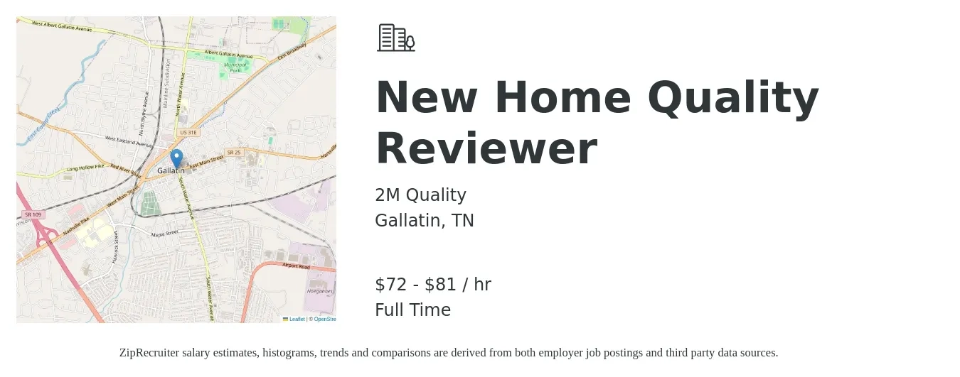2M Quality job posting for a New Home Quality Reviewer in Gallatin, TN with a salary of $75 to $85 Hourly with a map of Gallatin location.
