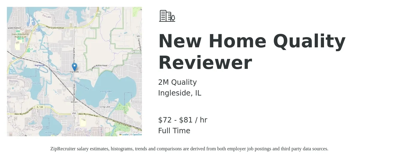 2M Quality job posting for a New Home Quality Reviewer in Ingleside, IL with a salary of $75 to $85 Hourly with a map of Ingleside location.