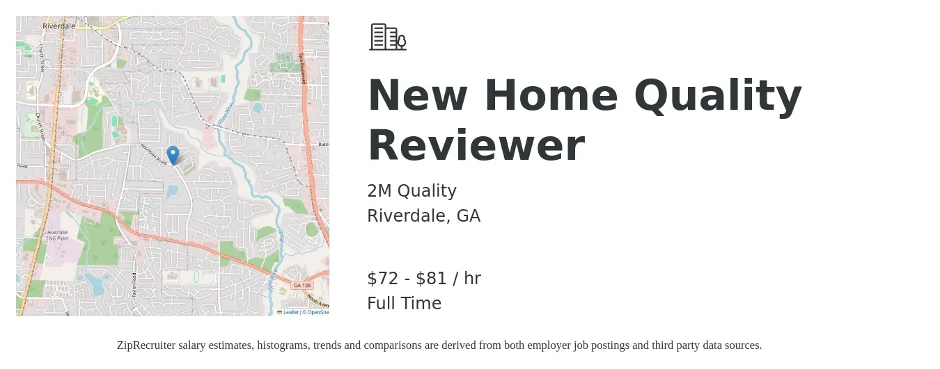 2M Quality job posting for a New Home Quality Reviewer in Riverdale, GA with a salary of $75 to $85 Hourly with a map of Riverdale location.