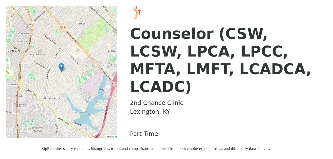 2nd Chance Clinic job posting for a Counselor (CSW, LCSW, LPCA, LPCC, MFTA, LMFT, LCADCA, LCADC) in Lexington, KY with a salary of $26 to $30 Hourly with a map of Lexington location.