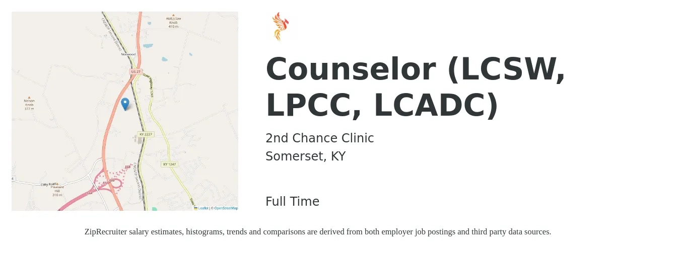 2nd Chance Clinic job posting for a Counselor (LCSW, LPCC, LCADC) in Somerset, KY with a salary of $30 Hourly with a map of Somerset location.