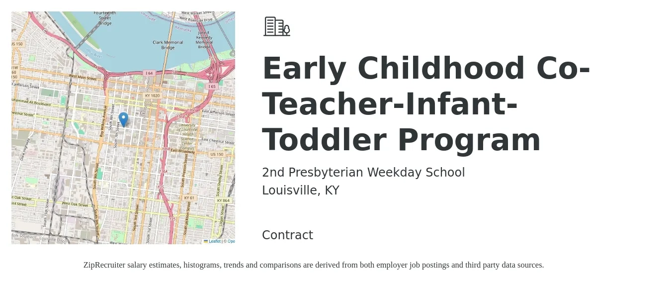 2nd Presbyterian Weekday School job posting for a Early Childhood Co-Teacher-Infant-Toddler Program in Louisville, KY with a salary of $14 to $18 Hourly with a map of Louisville location.