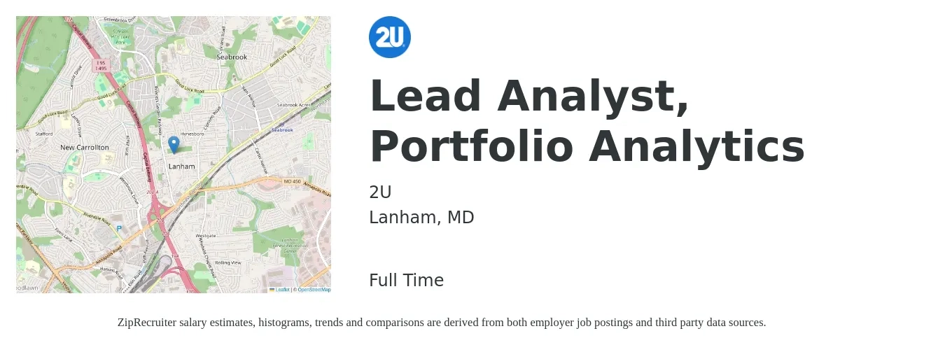2U job posting for a Lead Analyst, Portfolio Analytics in Lanham, MD with a salary of $98,100 to $153,600 Yearly with a map of Lanham location.