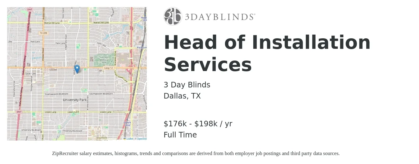 3 Day Blinds (Corporate) job posting for a Head of Installation Services in Dallas, TX with a salary of $176,000 to $198,000 Yearly with a map of Dallas location.