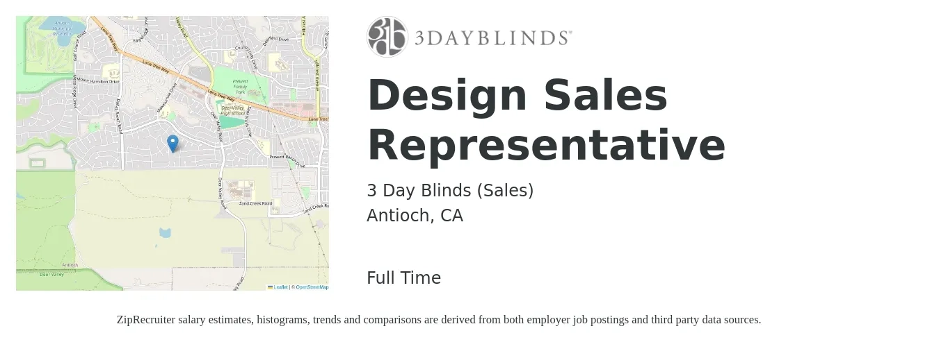 3 Day Blinds (Sales) job posting for a Design Sales Representative in Antioch, CA with a salary of $60,800 to $105,700 Yearly with a map of Antioch location.