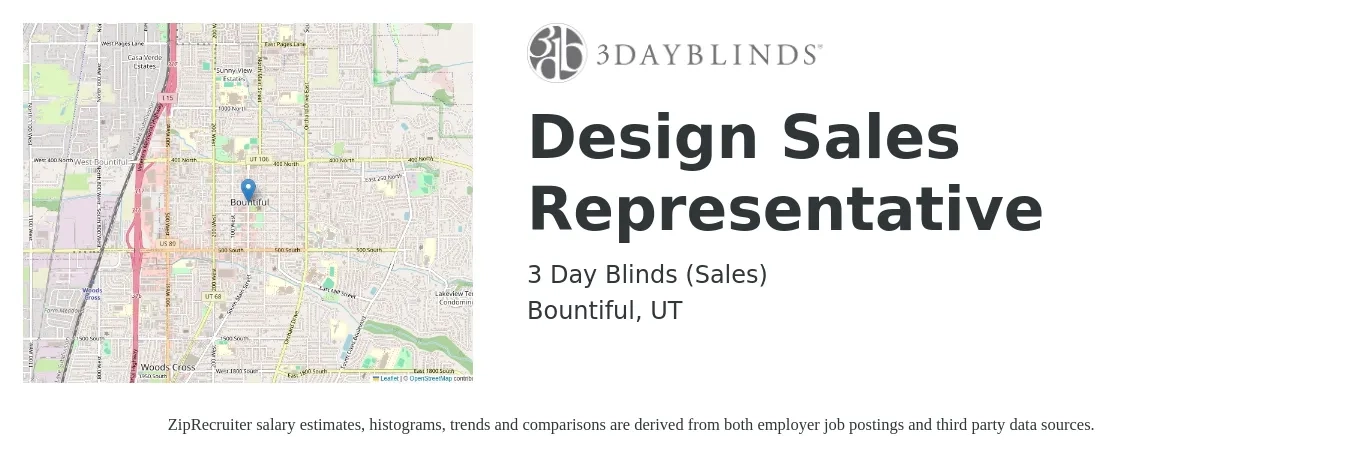 3 Day Blinds (Sales) job posting for a Design Sales Representative in Bountiful, UT with a salary of $50,400 to $87,700 Yearly with a map of Bountiful location.