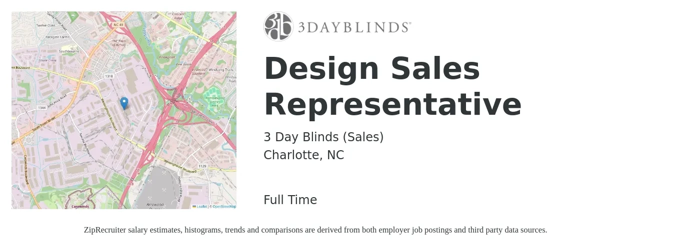 3 Day Blinds (Sales) job posting for a Design Sales Representative in Charlotte, NC with a salary of $52,300 to $90,800 Yearly with a map of Charlotte location.