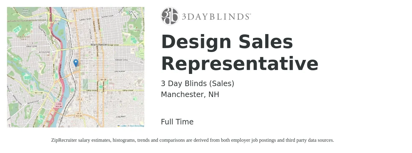 3 Day Blinds job posting for a Design Sales Representative in Manchester, NH with a salary of $53,300 to $92,600 Yearly with a map of Manchester location.