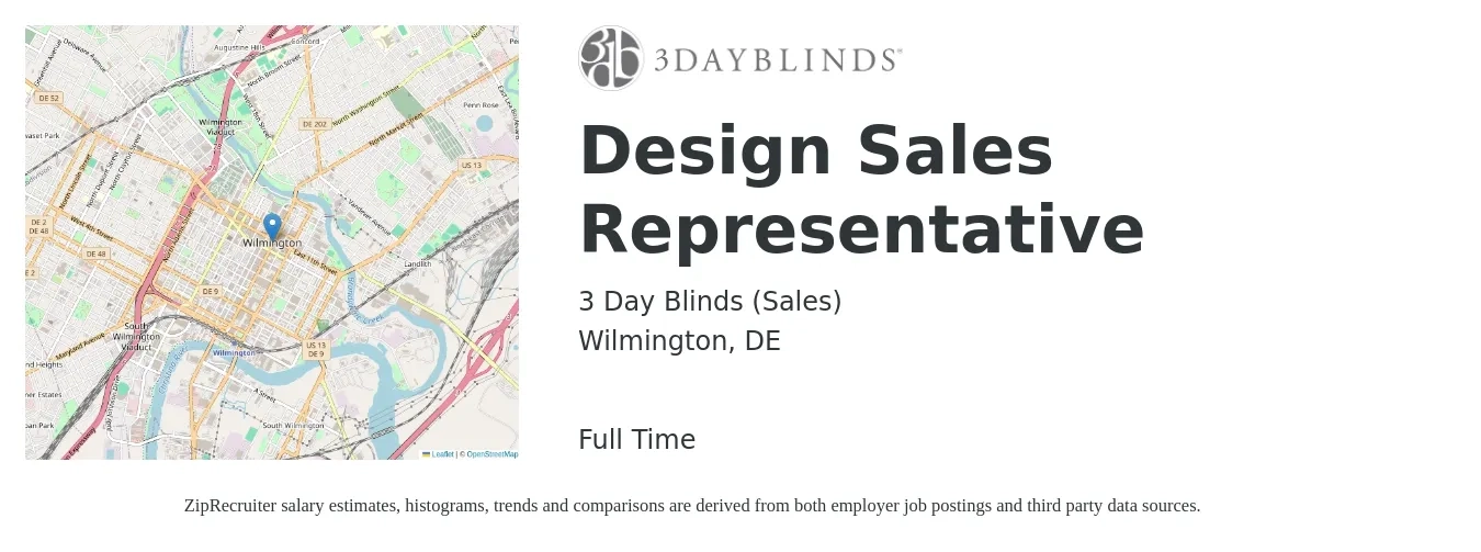 3 Day Blinds (Sales) job posting for a Design Sales Representative in Wilmington, DE with a salary of $51,900 to $90,200 Yearly with a map of Wilmington location.