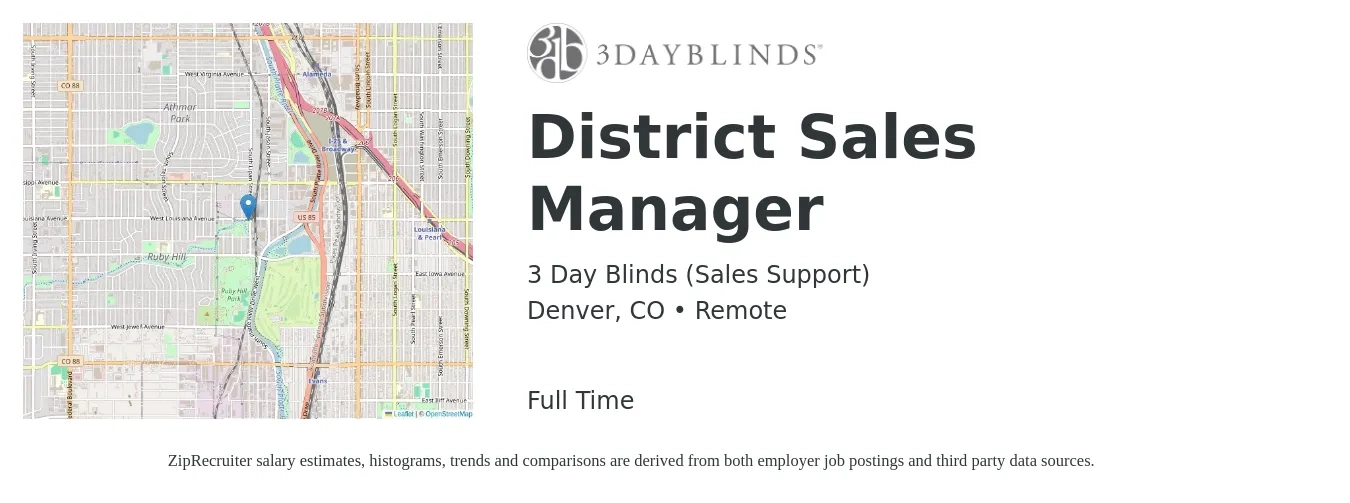3 Day Blinds (Sales Support) job posting for a District Sales Manager in Denver, CO with a salary of $100,000 to $110,000 Yearly with a map of Denver location.