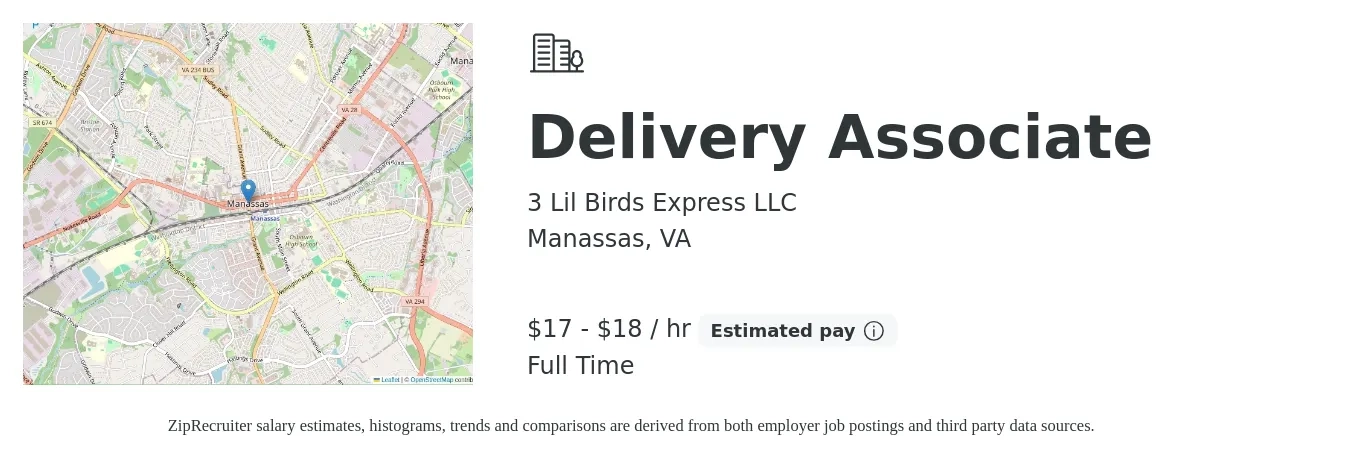 3 Lil Birds Express LLC job posting for a Delivery Associate in Manassas, VA with a salary of $18 to $19 Hourly with a map of Manassas location.