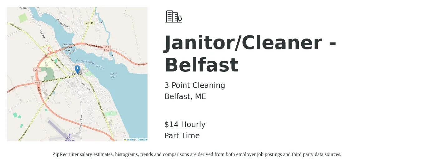 3 Point Cleaning job posting for a Janitor/Cleaner - Belfast in Belfast, ME with a salary of $13 Hourly with a map of Belfast location.