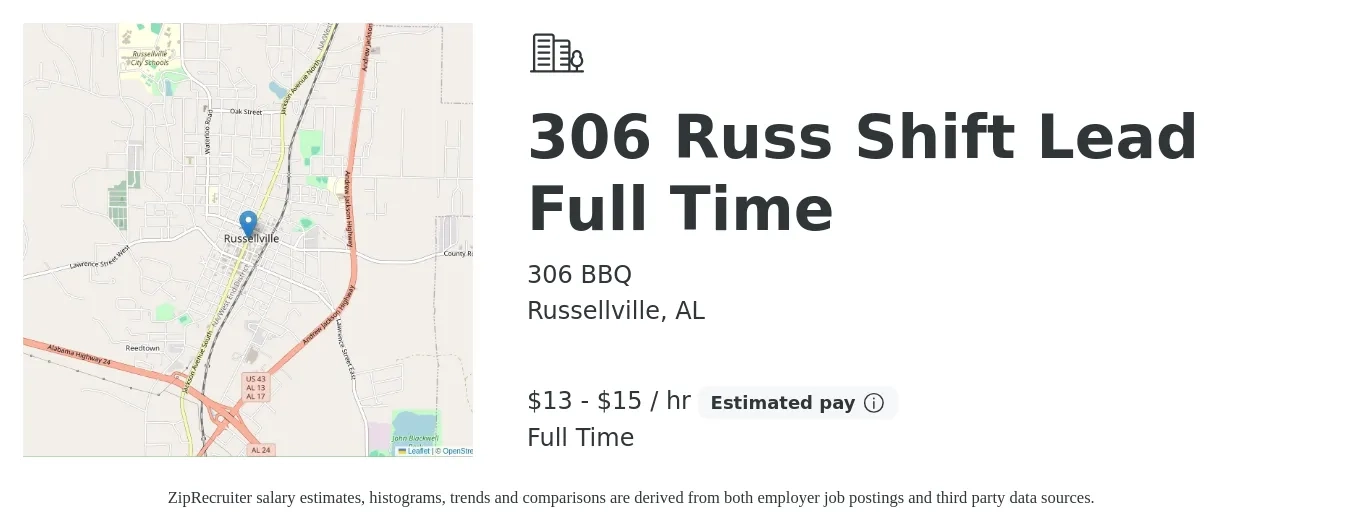 306 BBQ job posting for a 306 Russ Shift Lead Full Time in Russellville, AL with a salary of $14 to $16 Hourly with a map of Russellville location.