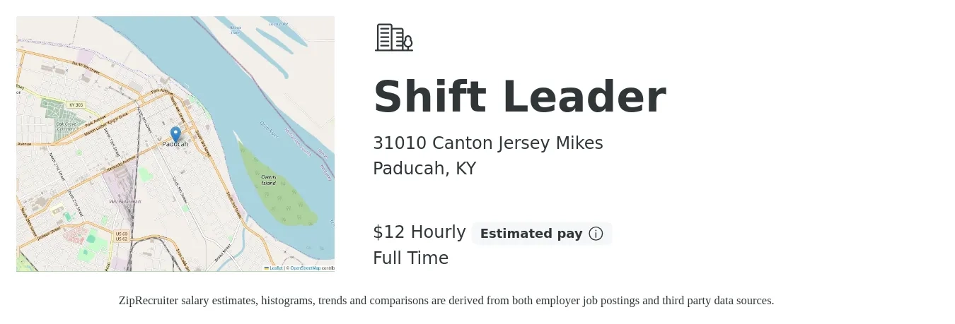 31010 Canton Jersey Mikes job posting for a Shift Leader in Paducah, KY with a salary of $13 Hourly with a map of Paducah location.