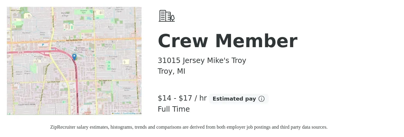 31015 Jersey Mike's Troy job posting for a Crew Member in Troy, MI with a salary of $15 to $18 Hourly with a map of Troy location.