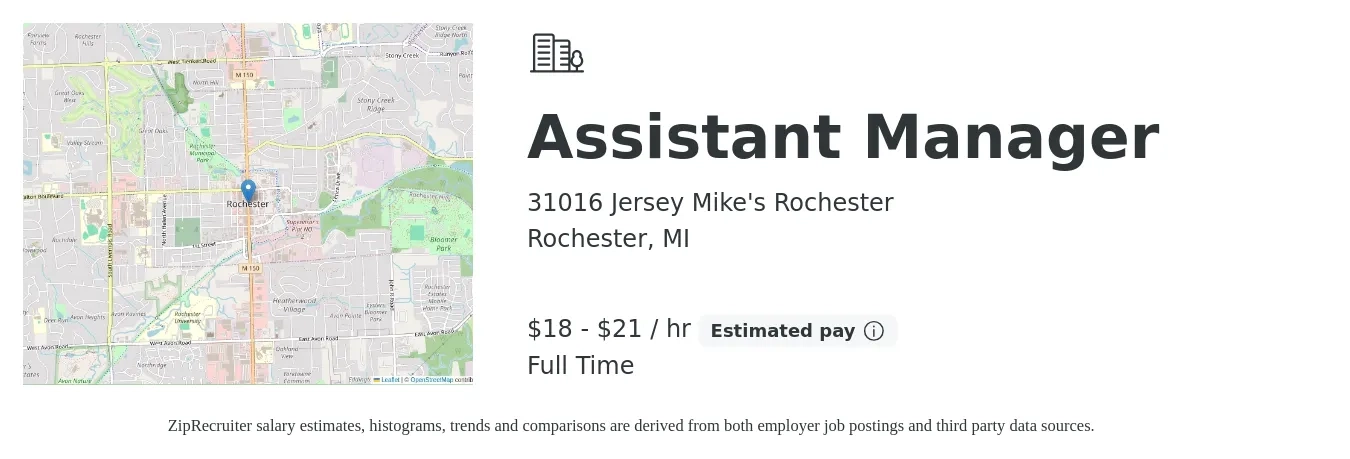 31016 Jersey Mike's Rochester job posting for a Assistant Manager in Rochester, MI with a salary of $19 to $22 Hourly with a map of Rochester location.