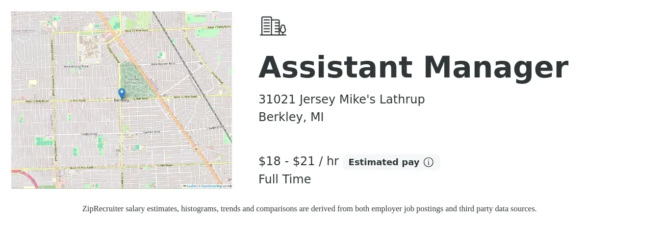31021 Jersey Mike's Lathrup job posting for a Assistant Manager in Berkley, MI with a salary of $19 to $22 Hourly with a map of Berkley location.