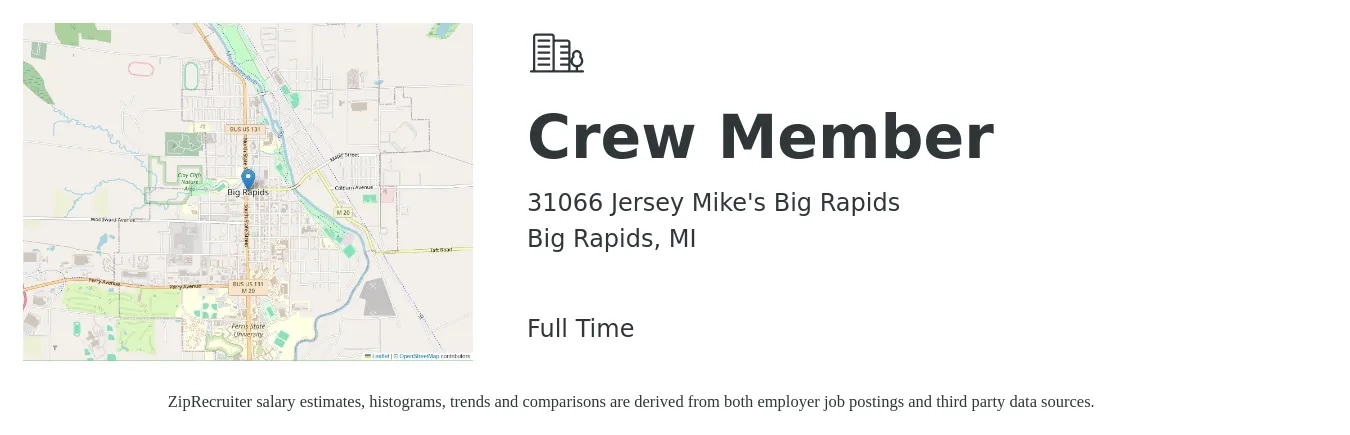 31066 Jersey Mike's Big Rapids job posting for a Crew Member in Big Rapids, MI with a salary of $10 to $14 Hourly with a map of Big Rapids location.