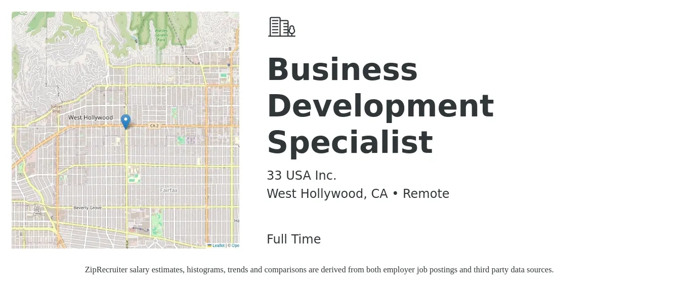 33 USA Inc. job posting for a Business Development Specialist in West Hollywood, CA with a salary of $53,000 to $88,500 Yearly with a map of West Hollywood location.
