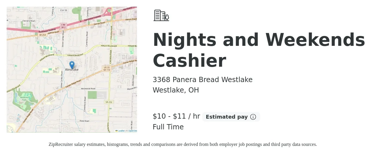 3368 Panera Bread Westlake job posting for a Nights and Weekends Cashier in Westlake, OH with a salary of $11 to $12 Hourly with a map of Westlake location.