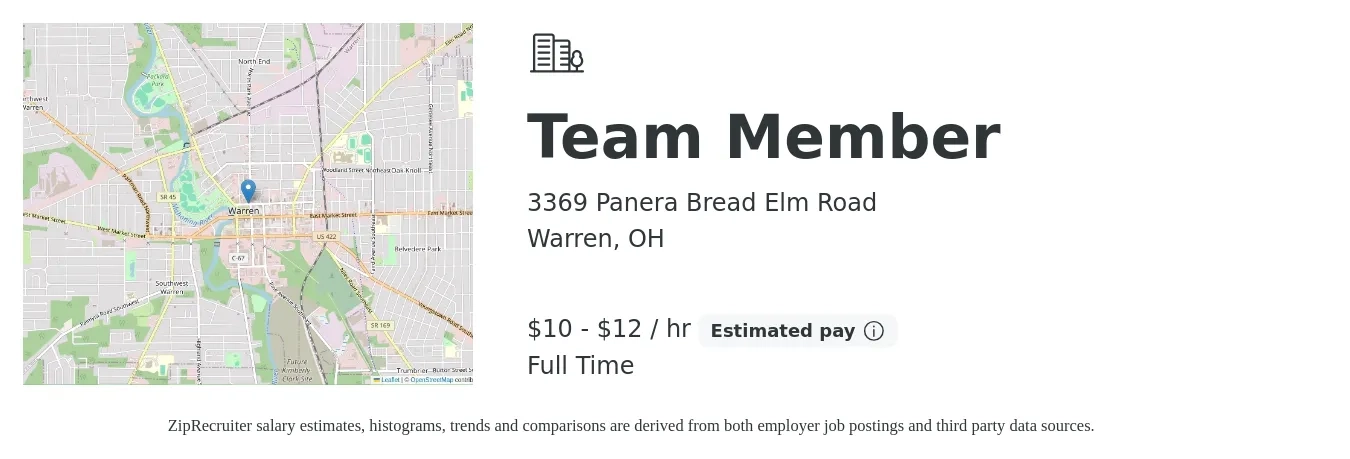 3369 Panera Bread Elm Road job posting for a Team Member in Warren, OH with a salary of $11 to $13 Hourly with a map of Warren location.