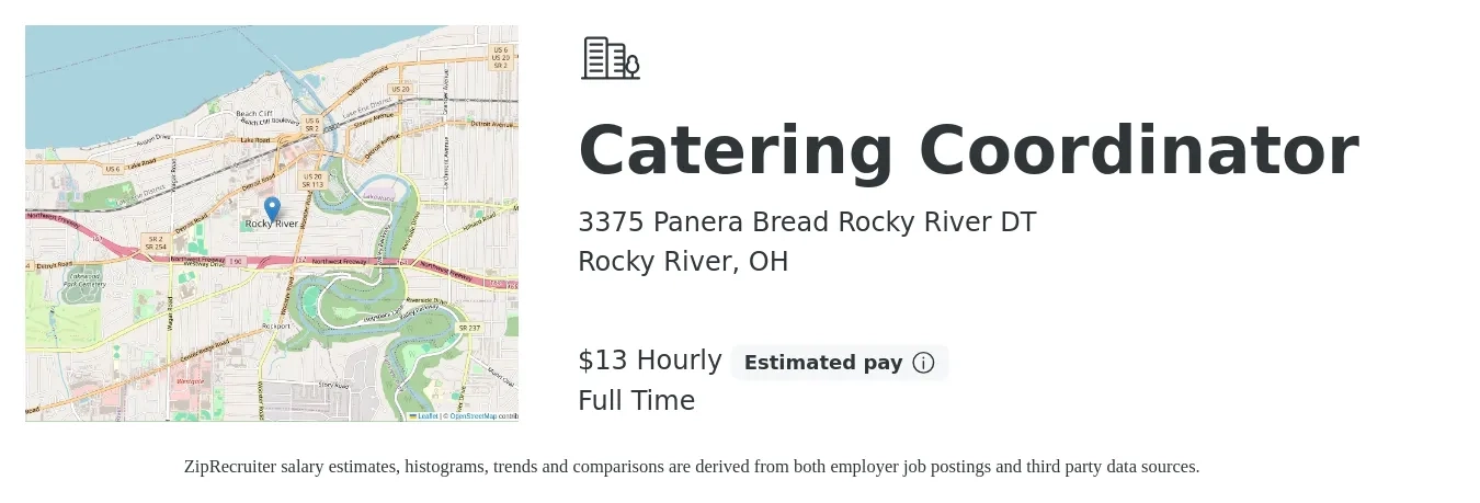 3375 Panera Bread Rocky River DT job posting for a Catering Coordinator in Rocky River, OH with a salary of $14 Hourly with a map of Rocky River location.