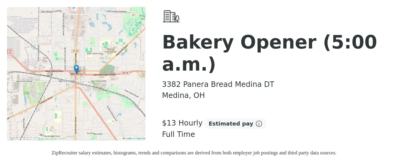 3382 Panera Bread Medina DT job posting for a Bakery Opener (5:00 a.m.) in Medina, OH with a salary of $14 Hourly with a map of Medina location.