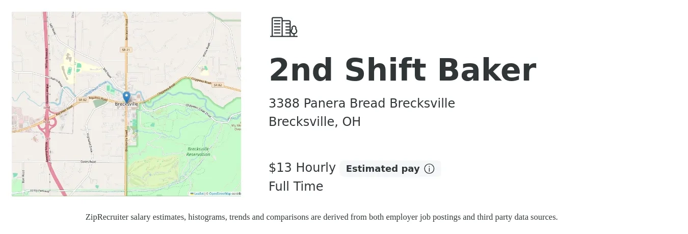 3388 Panera Bread Brecksville job posting for a 2nd Shift Baker in Brecksville, OH with a salary of $14 Hourly with a map of Brecksville location.