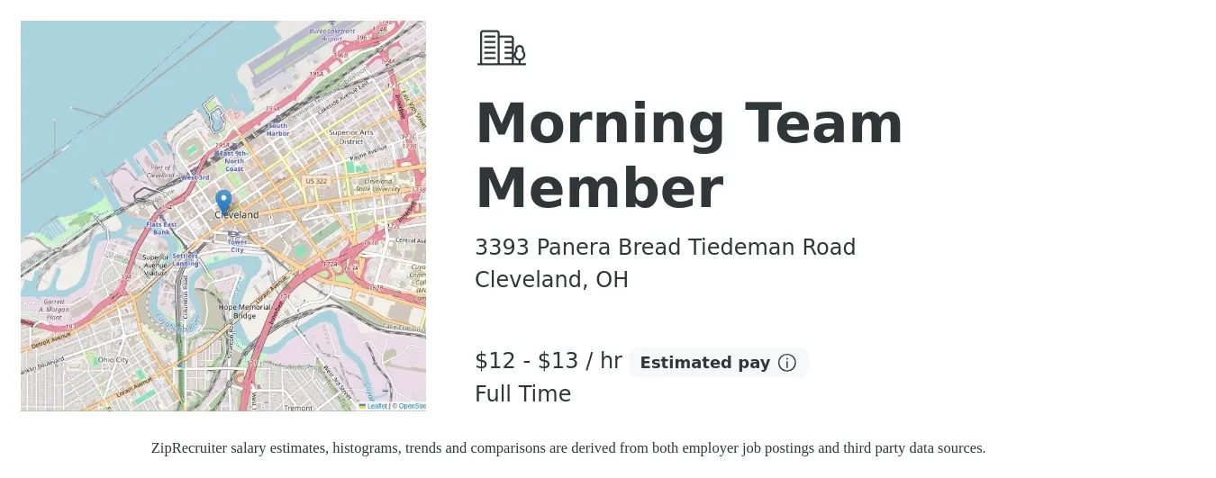 3393 Panera Bread Tiedeman Road job posting for a Morning Team Member in Cleveland, OH with a salary of $13 to $14 Hourly with a map of Cleveland location.