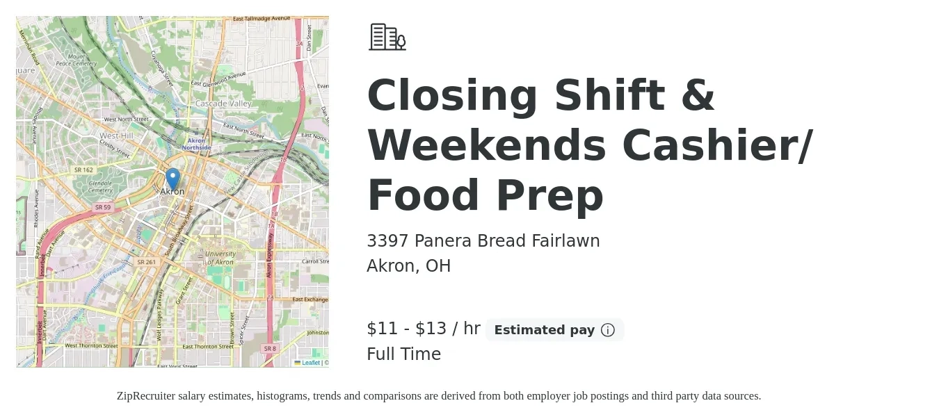 3397 Panera Bread Fairlawn job posting for a Closing Shift & Weekends Cashier/ Food Prep in Akron, OH with a salary of $12 to $14 Hourly with a map of Akron location.