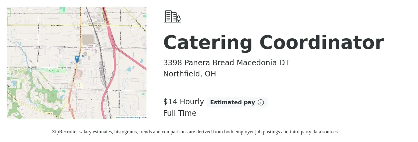 3398 Panera Bread Macedonia DT job posting for a Catering Coordinator in Northfield, OH with a salary of $15 Hourly with a map of Northfield location.