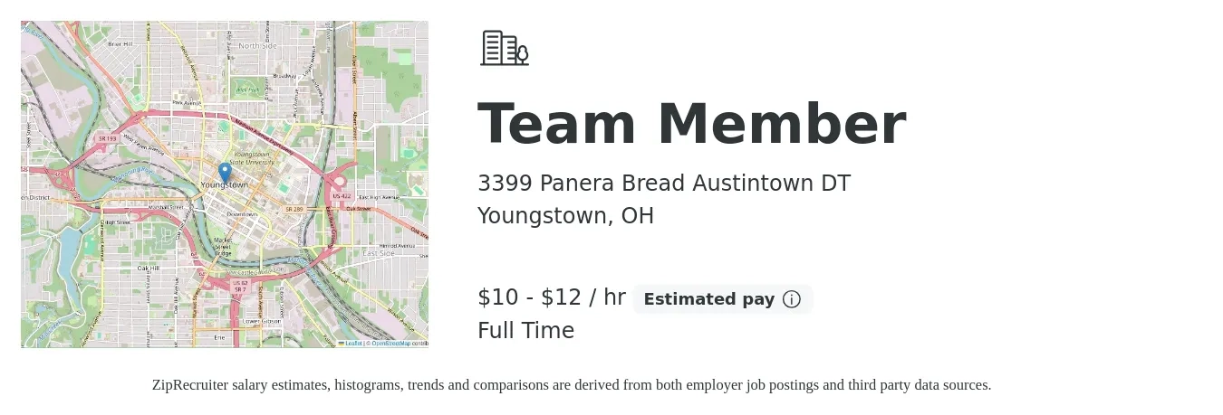 3399 Panera Bread Austintown DT job posting for a Team Member in Youngstown, OH with a salary of $11 to $13 Hourly with a map of Youngstown location.