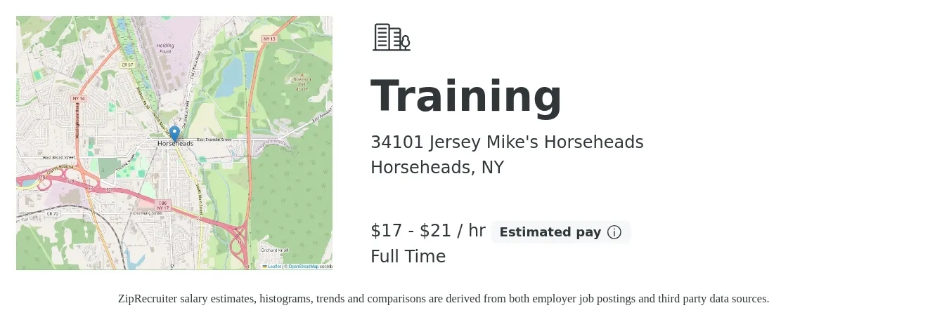 34101 Jersey Mike's Horseheads job posting for a Training in Horseheads, NY with a salary of $18 to $22 Hourly with a map of Horseheads location.