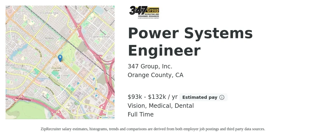 347 Group, Inc. job posting for a Power Systems Engineer in Orange County, CA with a salary of $93,000 to $132,000 Yearly and benefits including pto, vision, dental, and medical with a map of Orange County location.