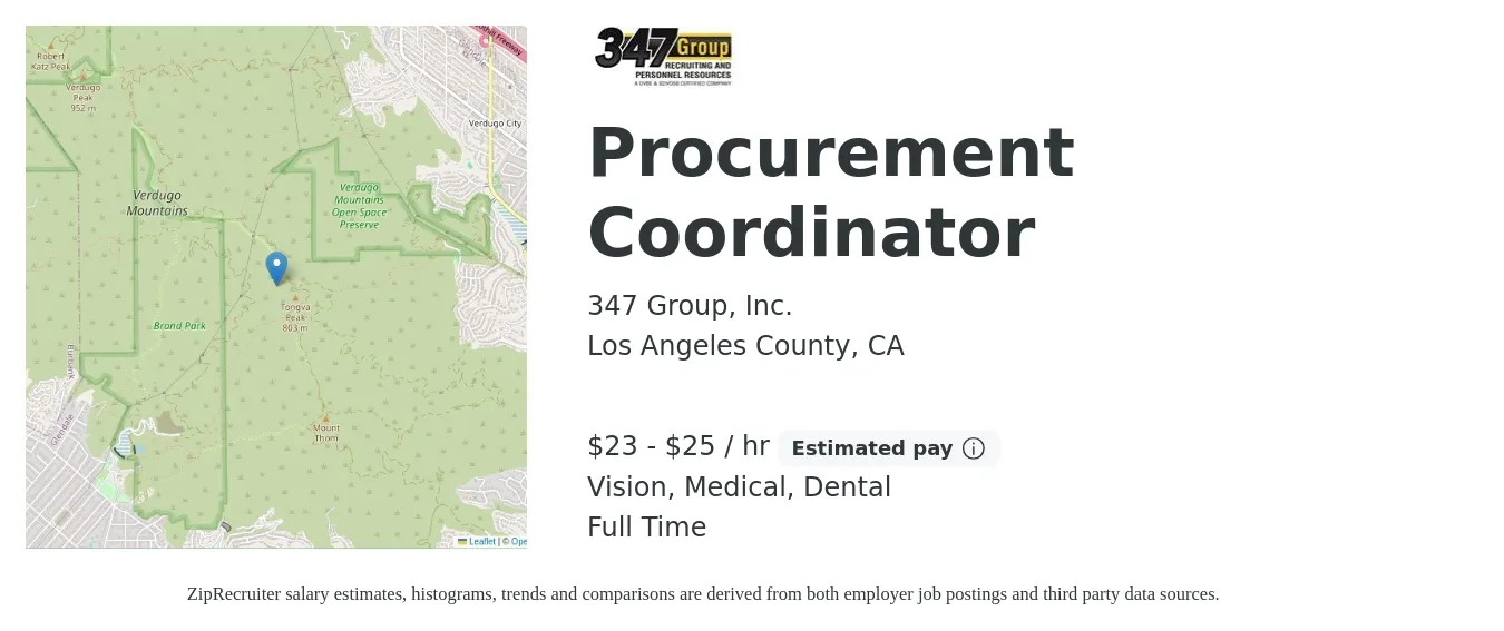 347 Group, Inc. job posting for a Procurement Coordinator in Los Angeles County, CA with a salary of $24 to $27 Hourly and benefits including vision, dental, life_insurance, medical, pto, and retirement with a map of Los Angeles County location.