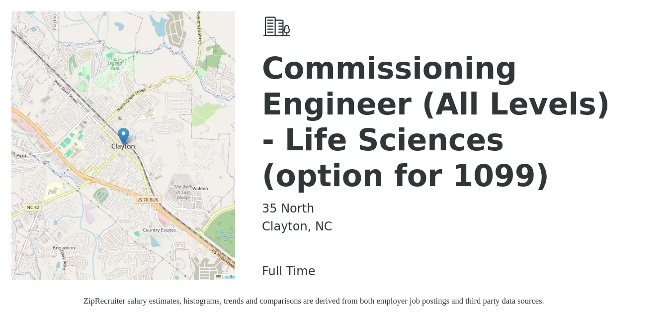 35 North job posting for a Commissioning Engineer (All Levels) - Life Sciences (option for 1099) in Clayton, NC with a salary of $67,600 to $110,600 Yearly with a map of Clayton location.