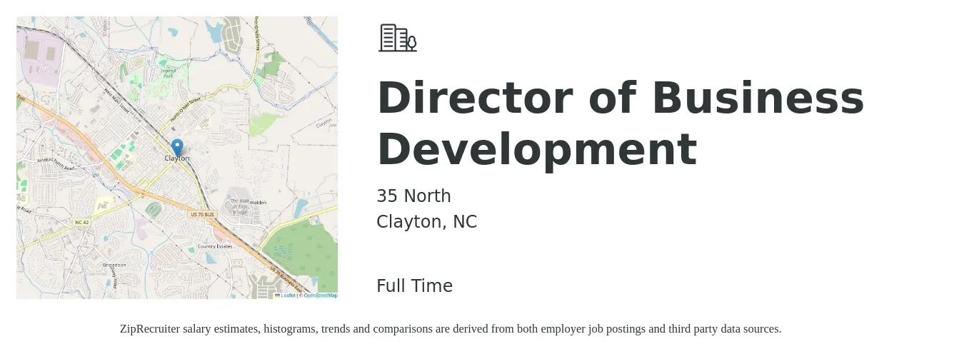 35 North job posting for a Director of Business Development in Clayton, NC with a salary of $79,500 to $128,900 Yearly with a map of Clayton location.
