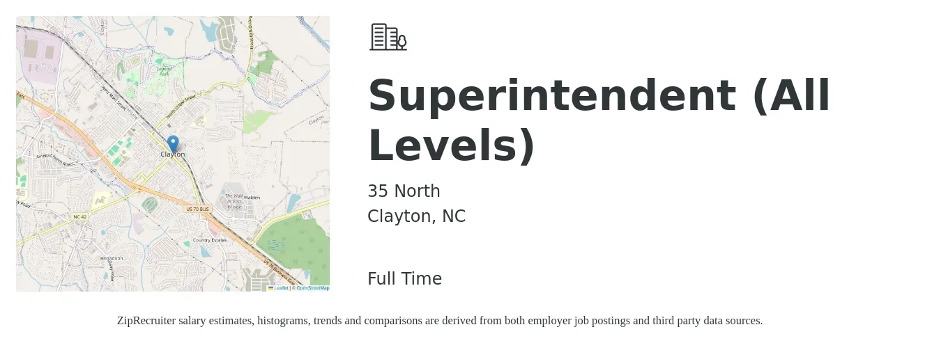 35 North job posting for a Superintendent (All Levels) in Clayton, NC with a salary of $60,400 to $98,200 Yearly with a map of Clayton location.