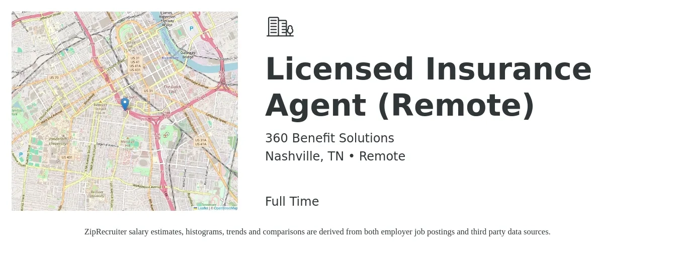 360 Benefit Solutions job posting for a Licensed Insurance Agent (Remote) in Nashville, TN with a salary of $41,000 to $94,200 Yearly with a map of Nashville location.