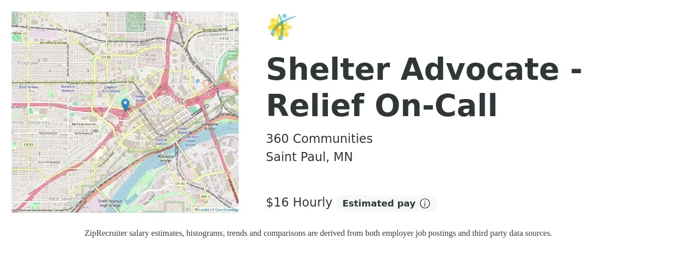 360 Communities job posting for a Shelter Advocate - Relief On-Call in Saint Paul, MN with a salary of $17 to $18 Hourly with a map of Saint Paul location.