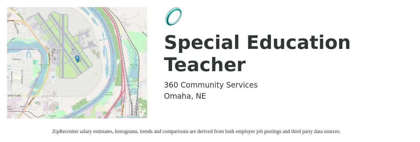 360 Community Services job posting for a Special Education Teacher in Omaha, NE with a salary of $50,000 to $65,000 Yearly with a map of Omaha location.