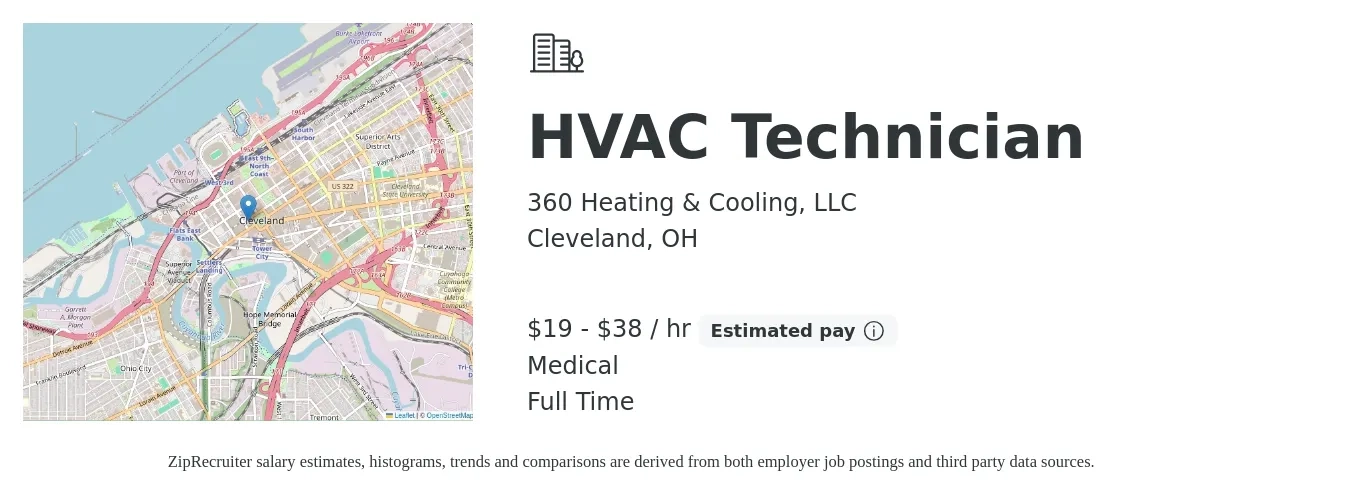 360 Heating & Cooling, LLC job posting for a HVAC Technician in Cleveland, OH with a salary of $20 to $40 Hourly and benefits including pto, and medical with a map of Cleveland location.