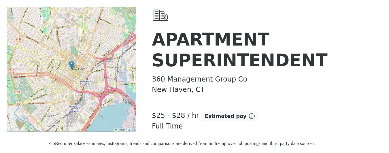 360 Management Group Co job posting for a APARTMENT SUPERINTENDENT in New Haven, CT with a salary of $27 to $29 Hourly with a map of New Haven location.