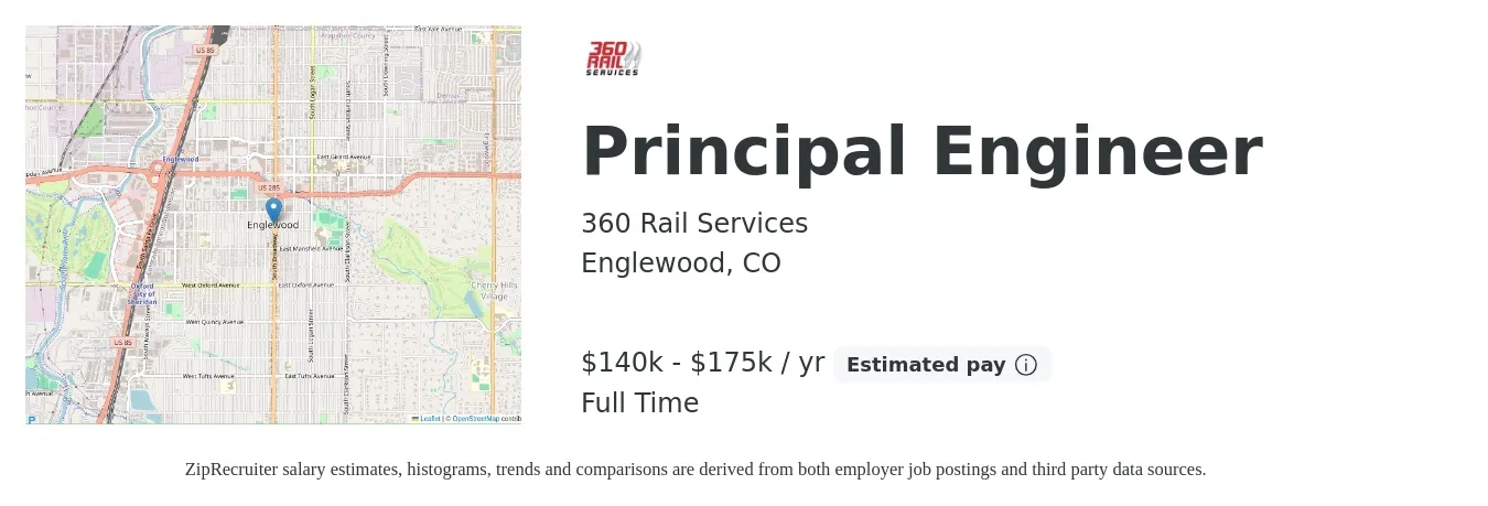 360 Rail Services job posting for a Principal Engineer in Englewood, CO with a salary of $140,000 to $175,000 Yearly with a map of Englewood location.