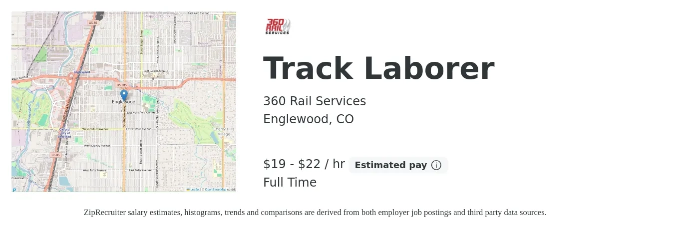 360 Rail Services job posting for a Track Laborer in Englewood, CO with a salary of $20 to $23 Hourly with a map of Englewood location.