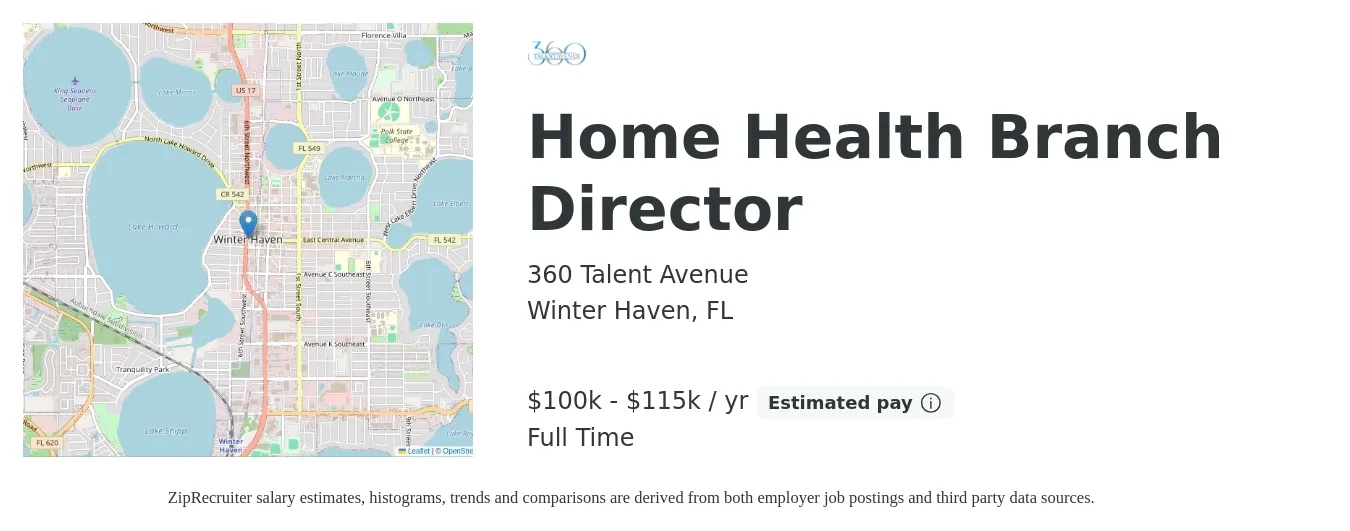 360 Talent Avenue job posting for a Home Health Branch Director in Winter Haven, FL with a salary of $100,000 to $115,000 Yearly with a map of Winter Haven location.