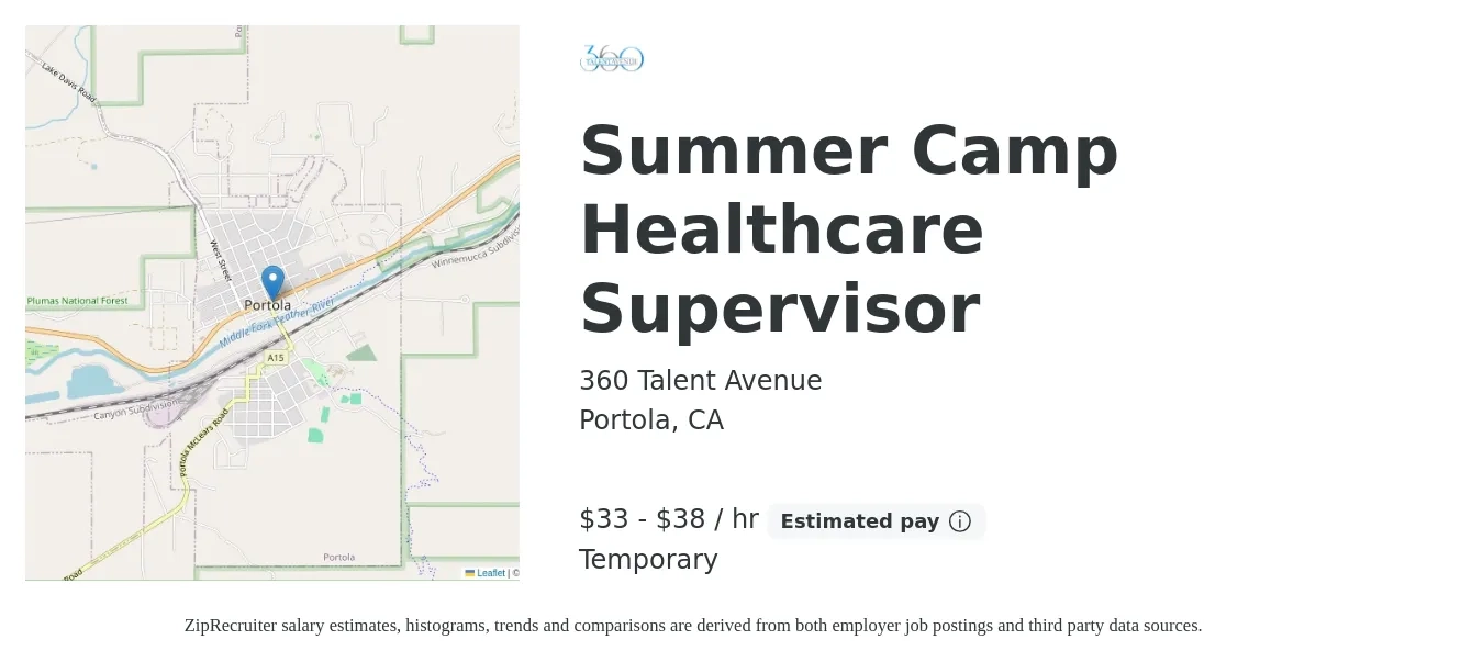 360 Talent Avenue job posting for a Summer Camp Healthcare Supervisor in Portola, CA with a salary of $35 to $40 Hourly with a map of Portola location.